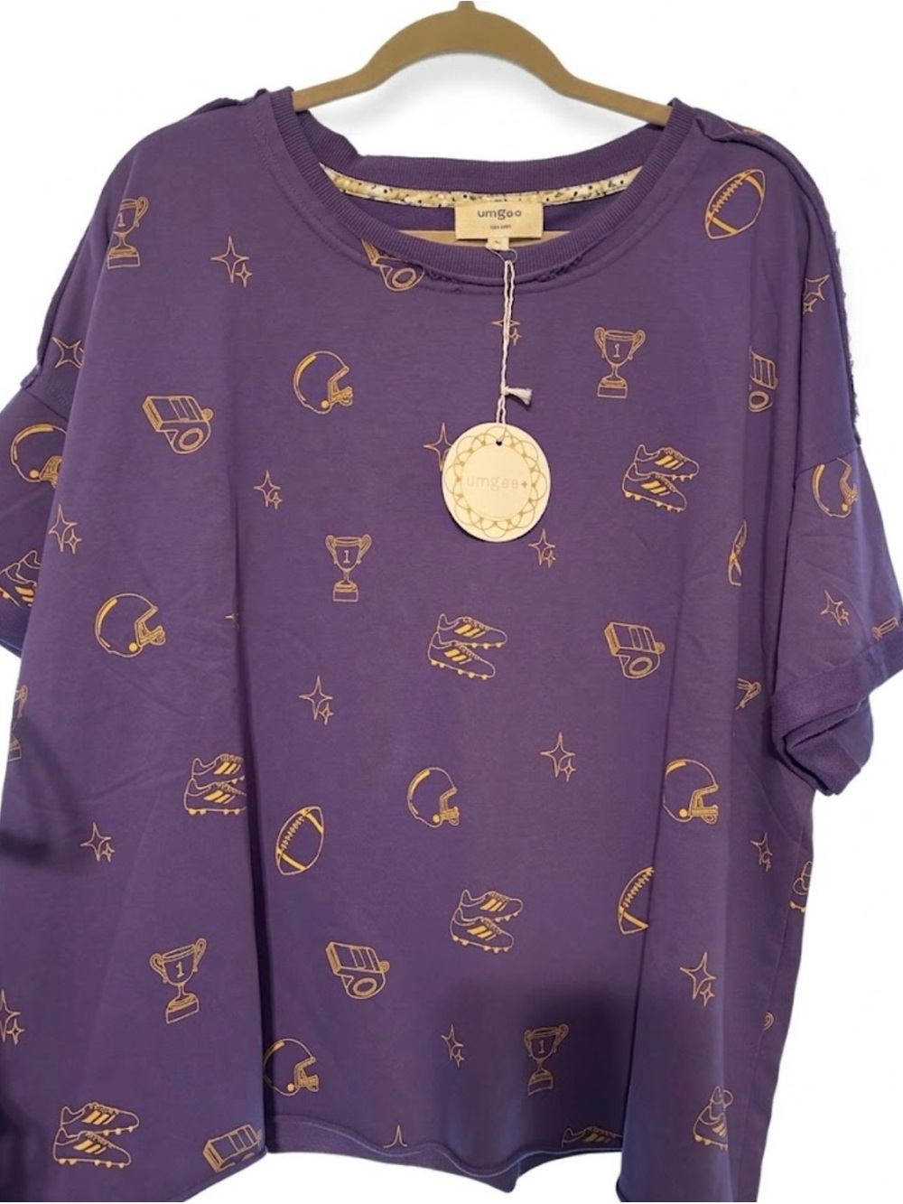 Umgee Purple Short Sleeve Tee with Gold Sports Icons (Boutique)